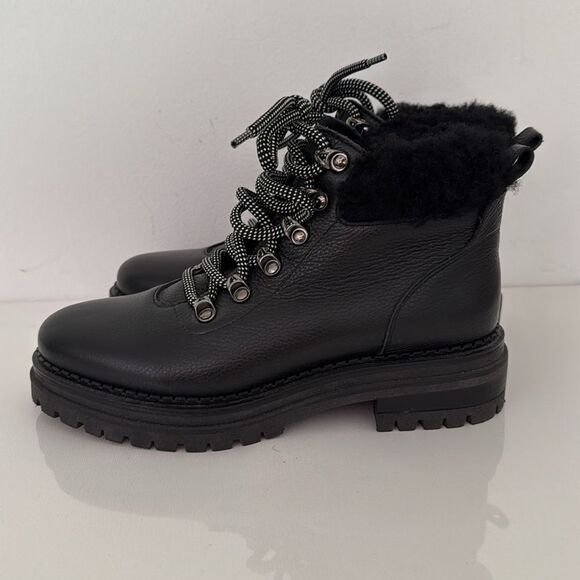 M. Gemi Alpi Combat Boots EU 38.5 Black Leather Shearling Fur Trim Lace Up - Picture 3 of 7